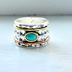 Tricolor Turquoise BoHo Ring Copper Silver and gold metal w/ stone wide band 7